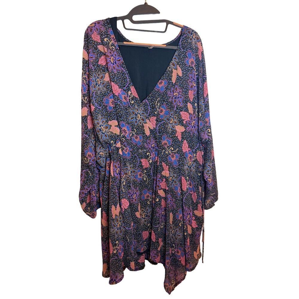 Free People Boho Floral V-Neck Bell Sleeve Mini Dress Womens L Purple Pink - Picture 7 of 7